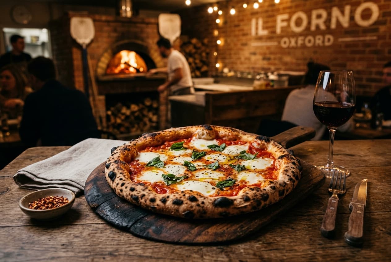 Wood-fired artisan Neapolitan pizza with blistered crust and fresh basil in an Oxford pizzeria