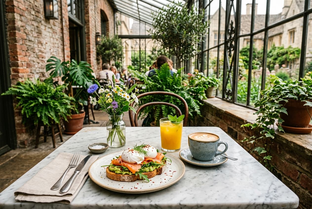 Poached eggs and avocado on sourdough toast with fresh coffee in an Oxford conservatory brunch cafe