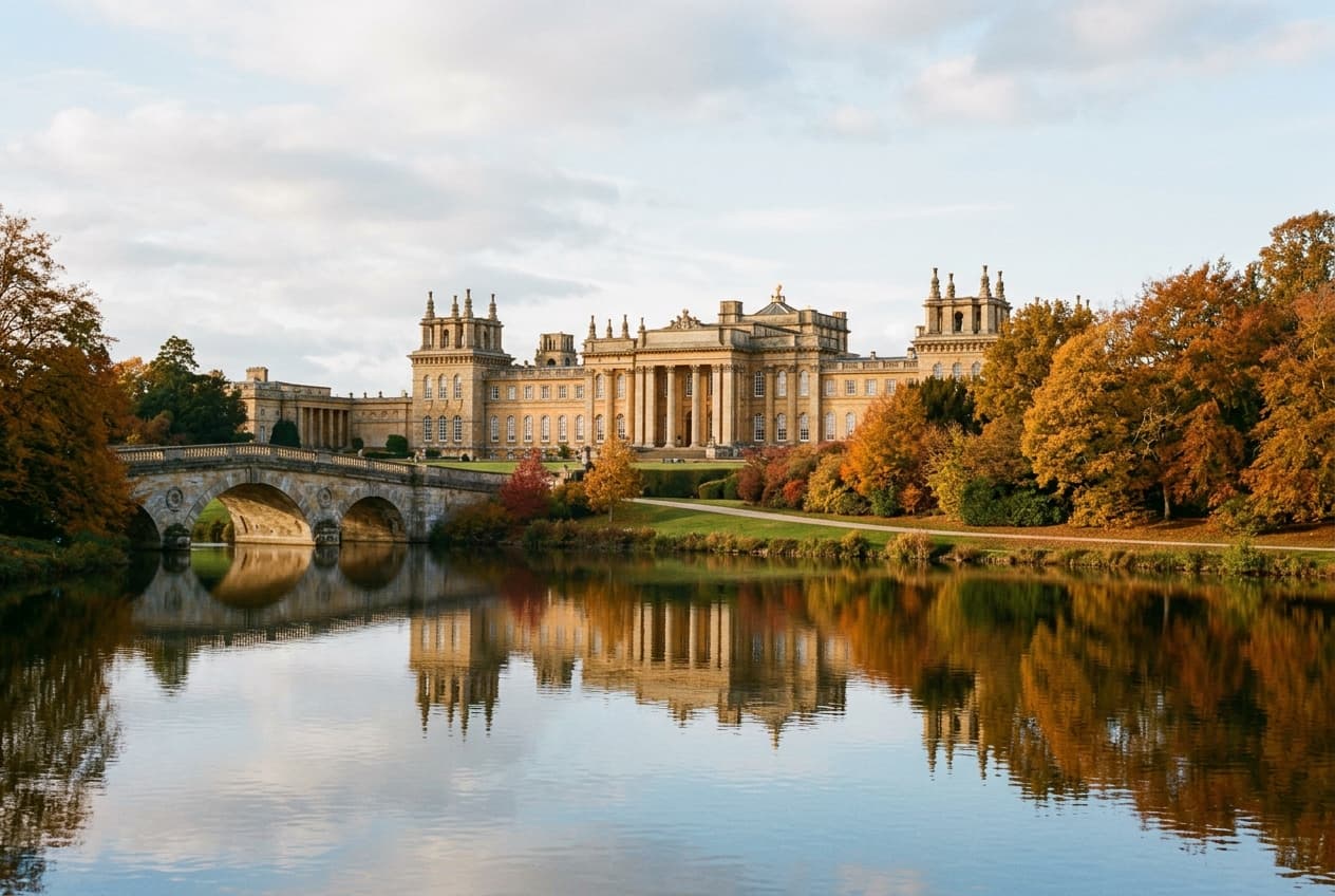 Grand English Baroque facade of Blenheim Palace reflecting across the Great Lake with autumn trees