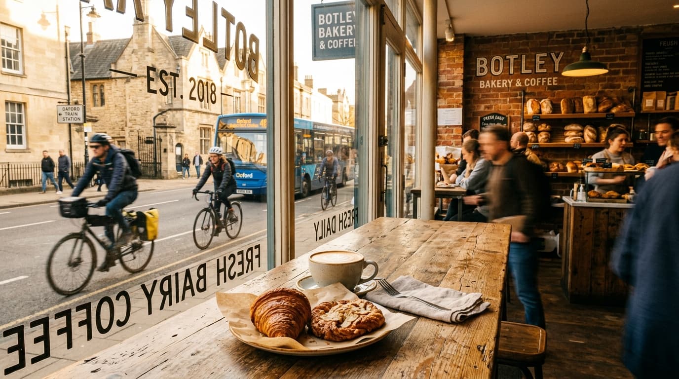 Breakfast cafe and artisan bakery near Oxford station with coffee, pastries and cyclists outside