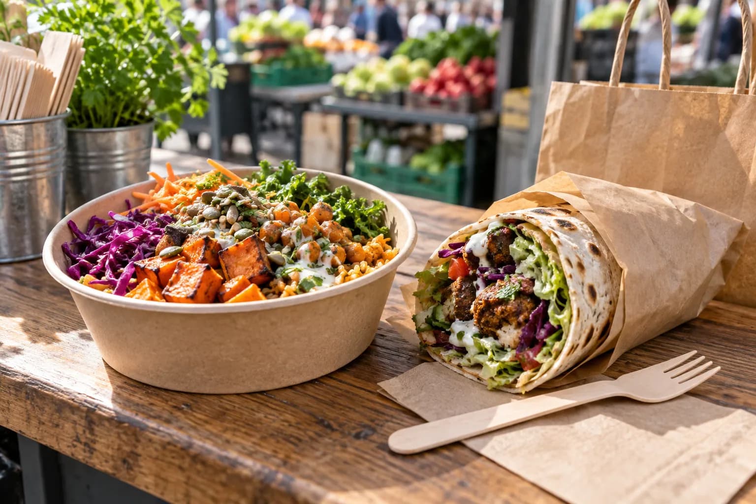 A rice and vegetable bowl beside a filled wrap at a market counter