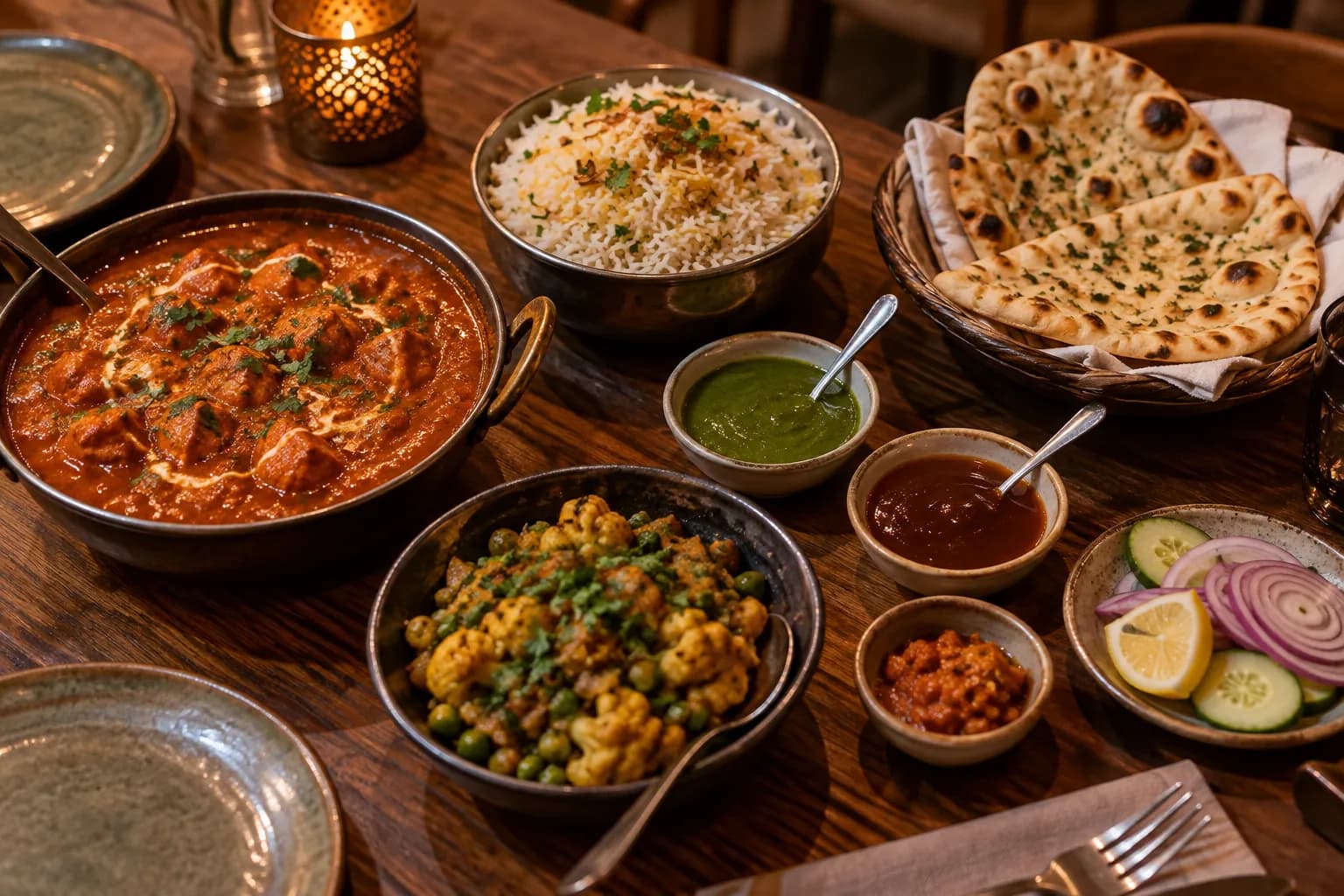 Indian curry, rice, naan and vegetable dishes on a shared table