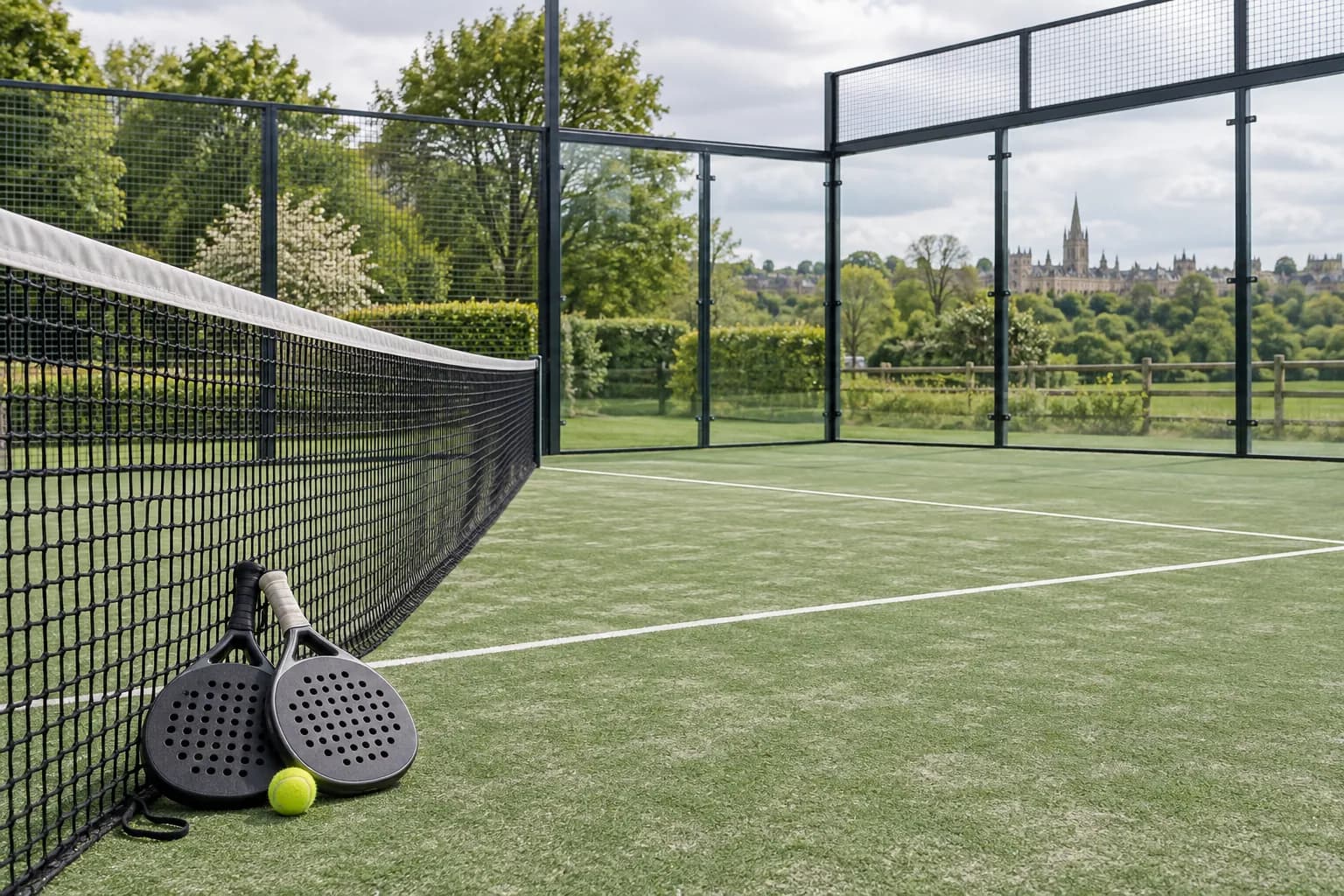Two padel rackets and a ball beside an outdoor court