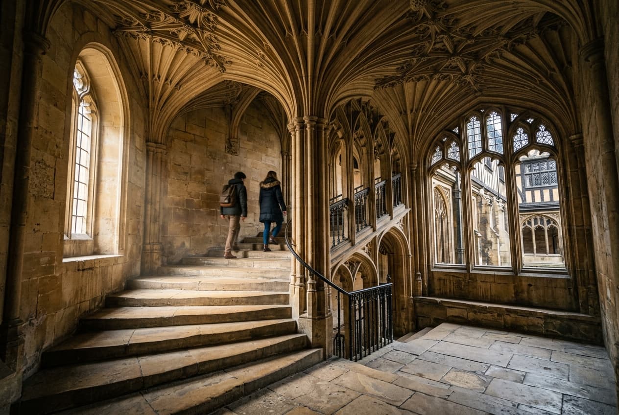 Dramatic fan-vaulted Gothic stone staircase and cloisters in Oxford where Harry Potter was filmed