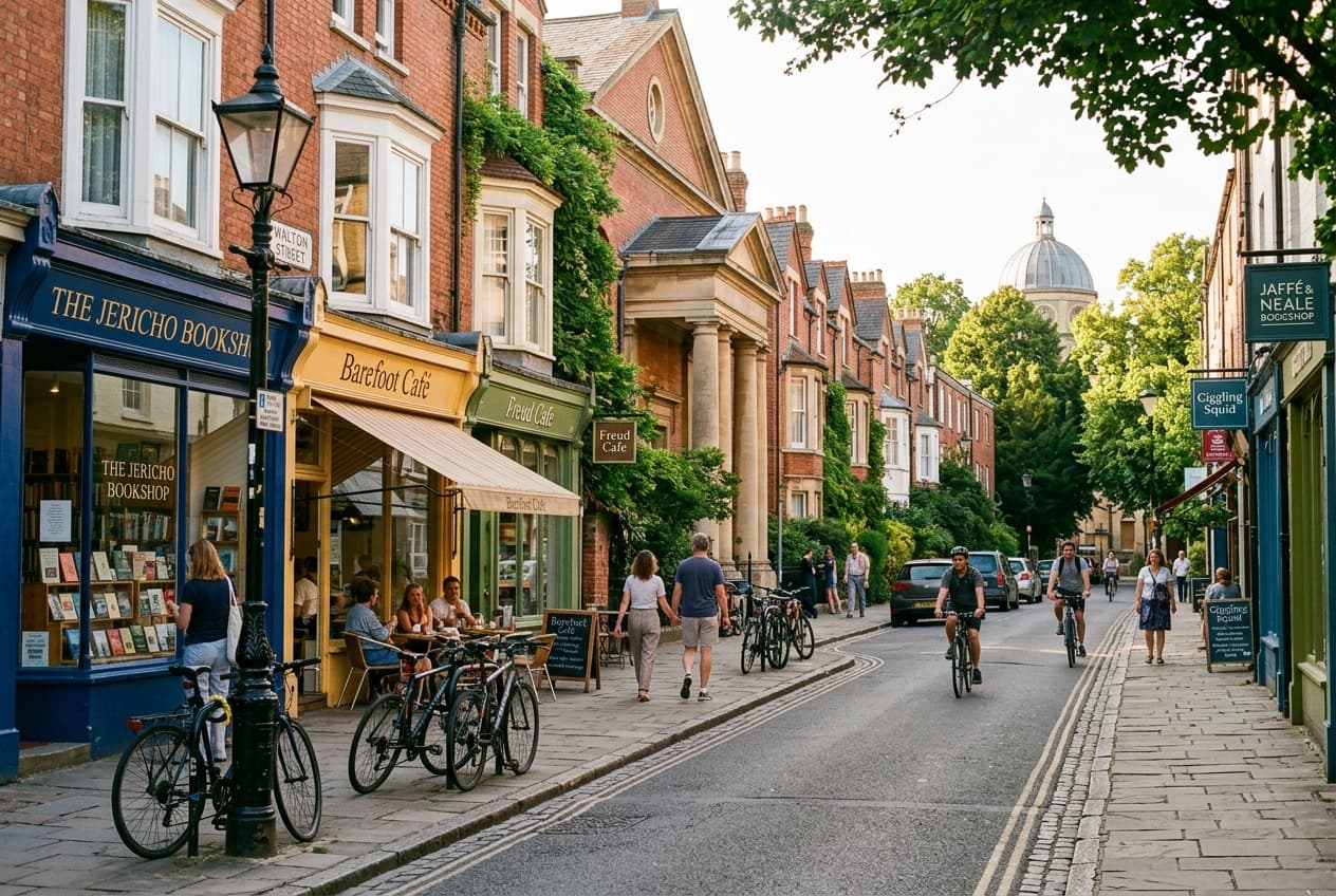 Walton Street in Jericho with independent cafes, bookshops and cyclists in afternoon light