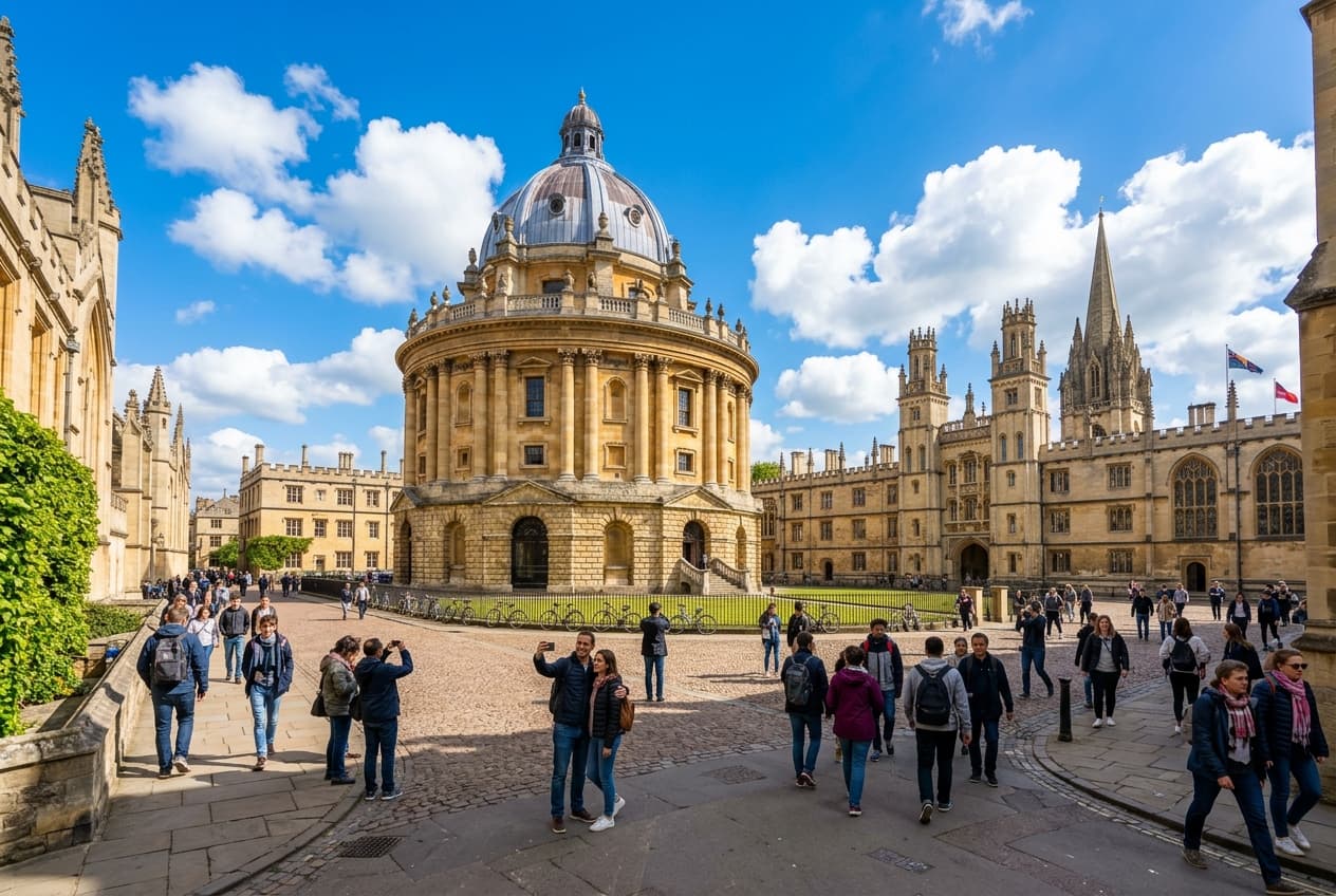 Visitors exploring Radcliffe Square and the Bodleian Library on a bright Oxford morning