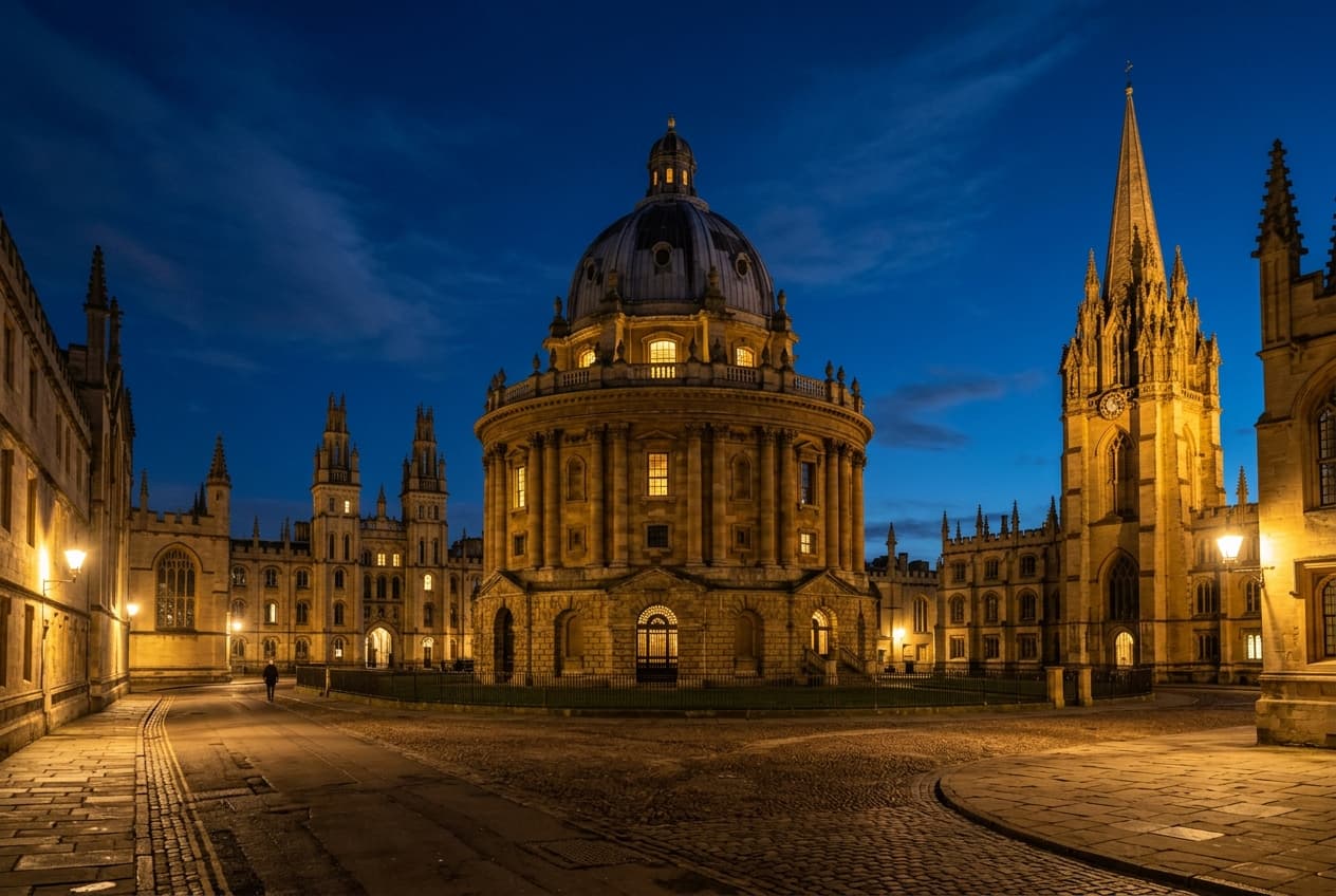 Radcliffe Camera and Oxford spires illuminated by golden streetlights at twilight