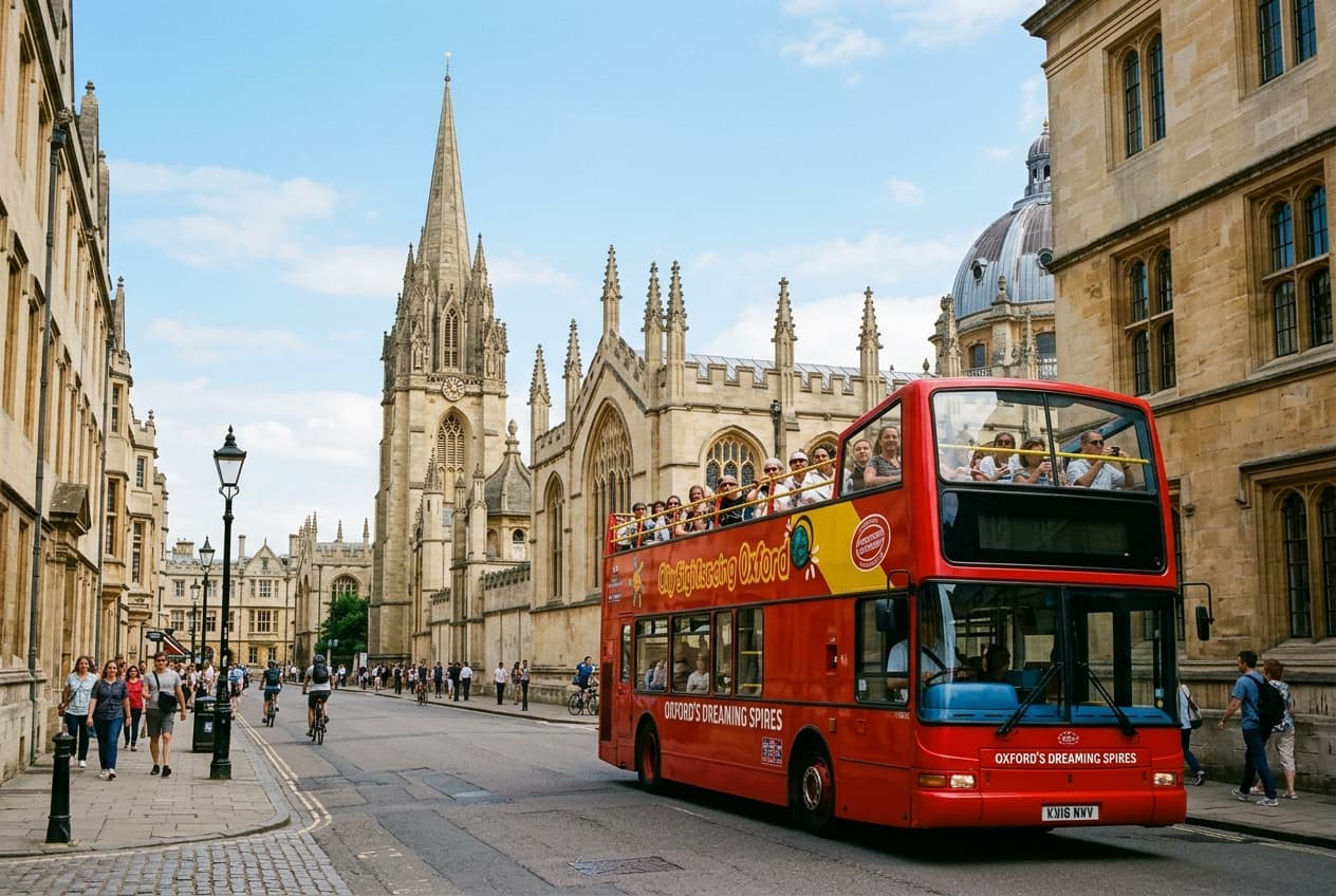 Open-top double-decker sightseeing bus driving past Oxford university colleges