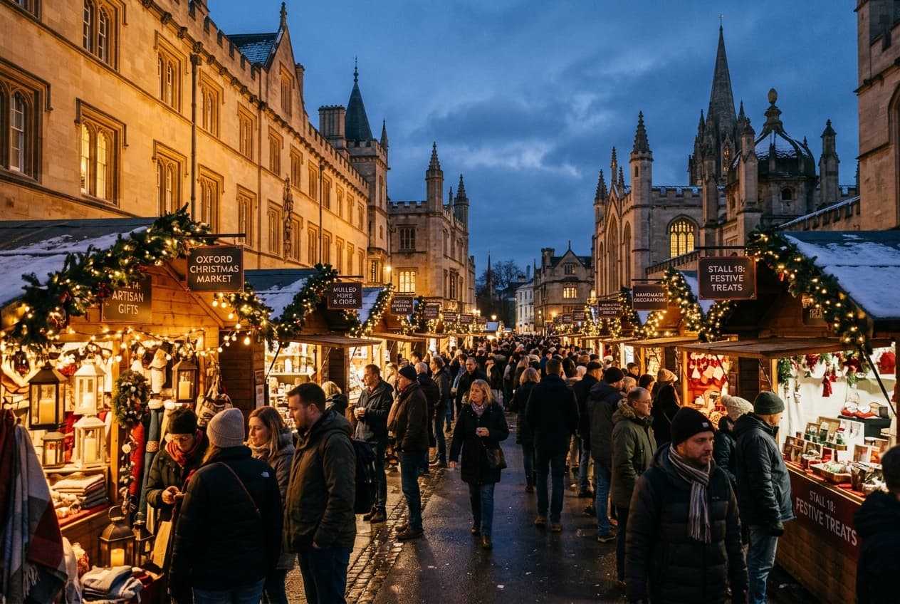 Oxford Broad Street Christmas market chalets with warm fairy lights and historic college backdrop