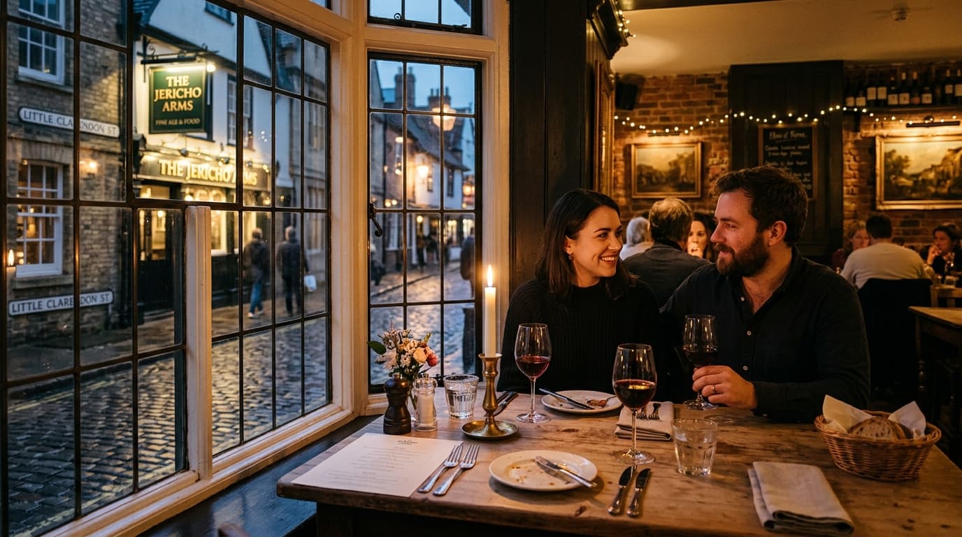 Romantic candlelit evening dinner for two by the bay window in a cosy Oxford brasserie