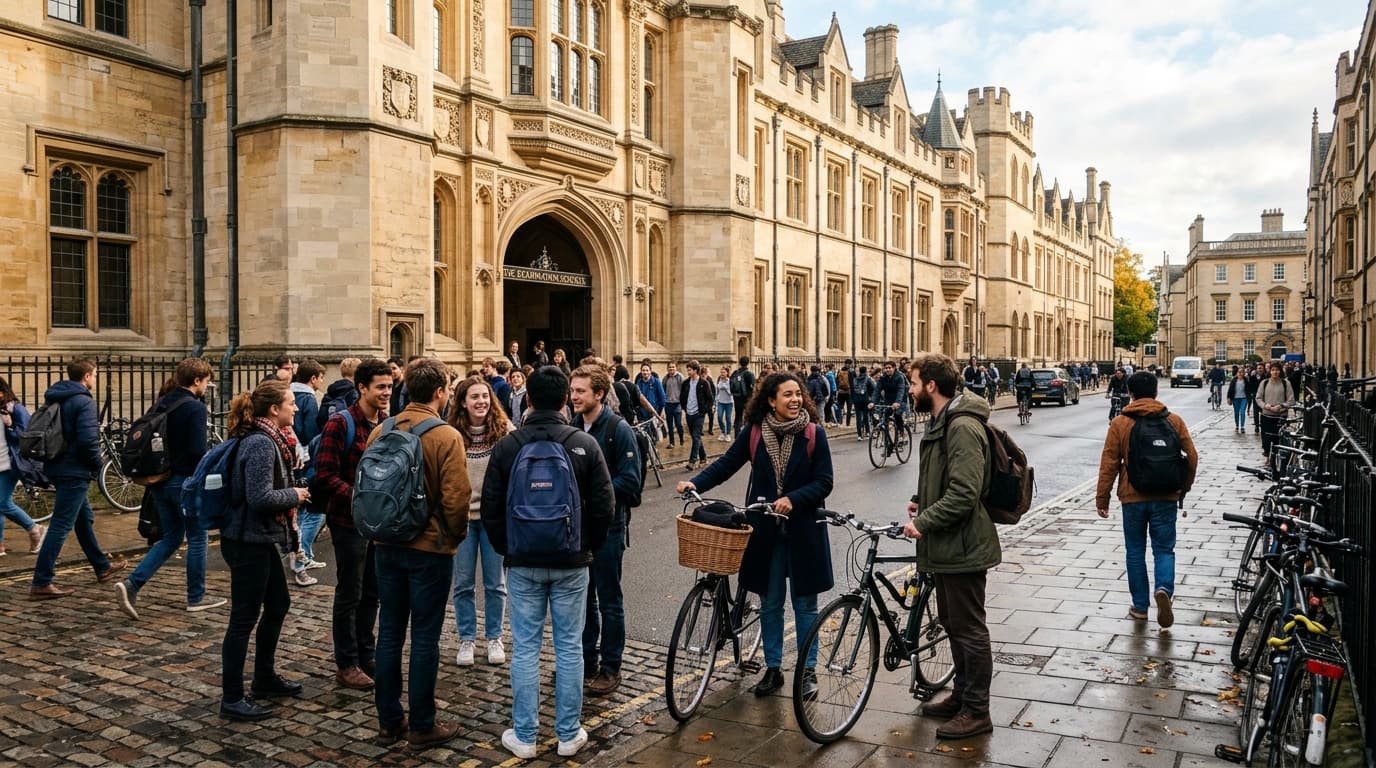 Undergraduate students with backpacks and bicycles gathering outside Examination Schools on High Street during Michaelmas freshers week