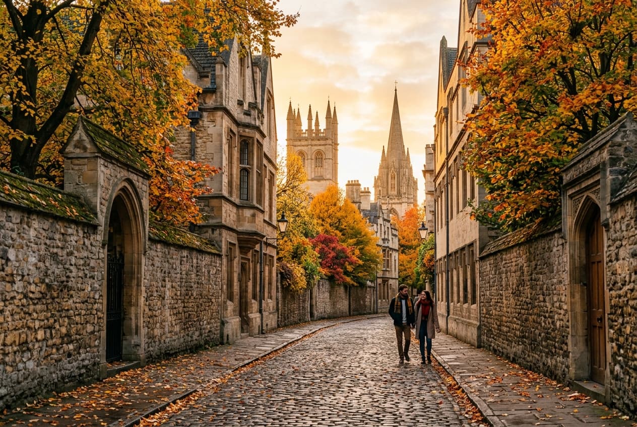 Oxford cobblestone street and historic colleges framed by vibrant golden amber autumn foliage