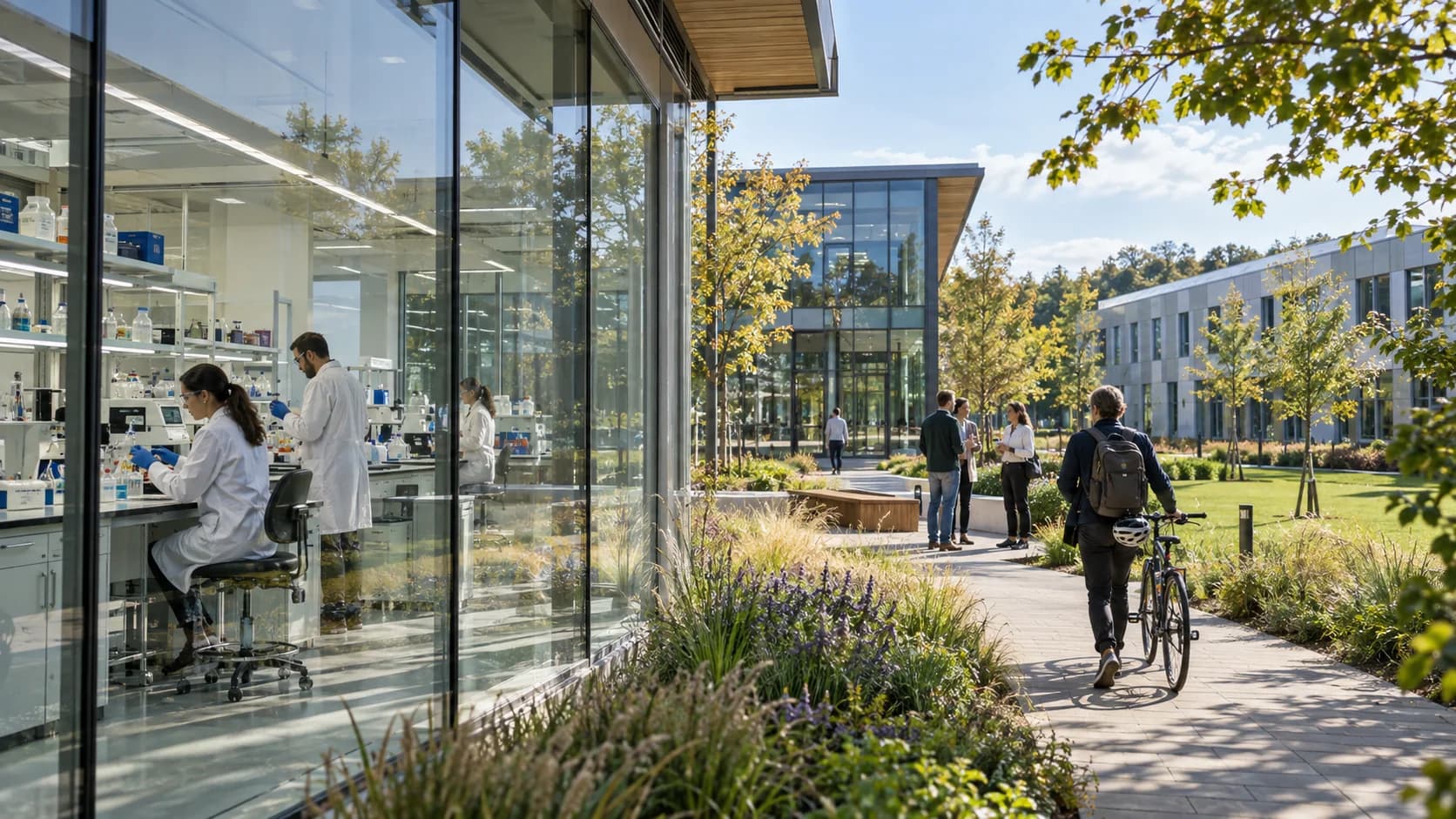 Researchers working inside a glass-fronted laboratory beside landscaped science campus buildings