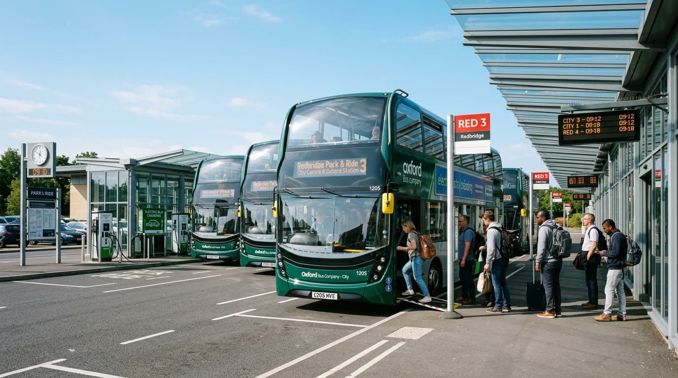 Oxford Park and Ride hub with electric double-decker buses and passenger boarding bays