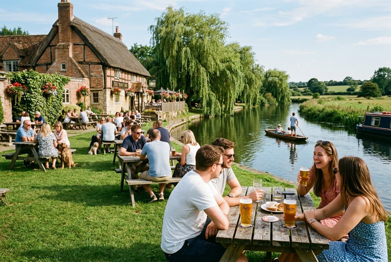 Sunlit riverside pub beer garden beside the river with willows and wooden benches in Oxford