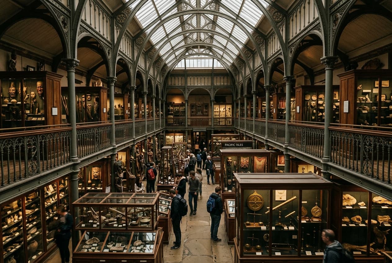 Victorian glass curiosity cabinets and scientific instruments inside Oxford's specialist museum galleries