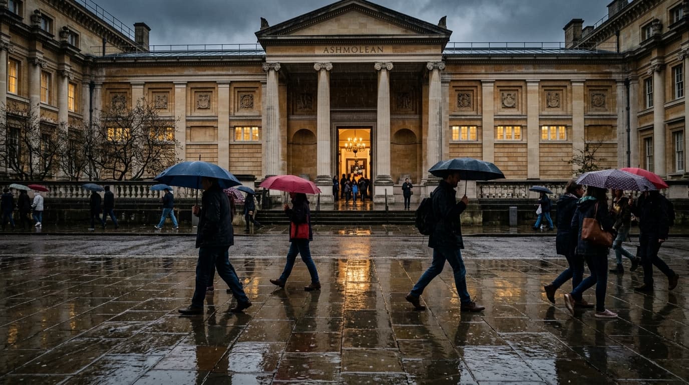 People with umbrellas walking across rain-rippled flagstones outside the Ashmolean Museum in Oxford