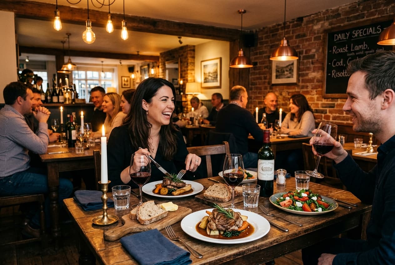Warm candlelit Oxford bistro dining room with guests enjoying British seasonal food and wine