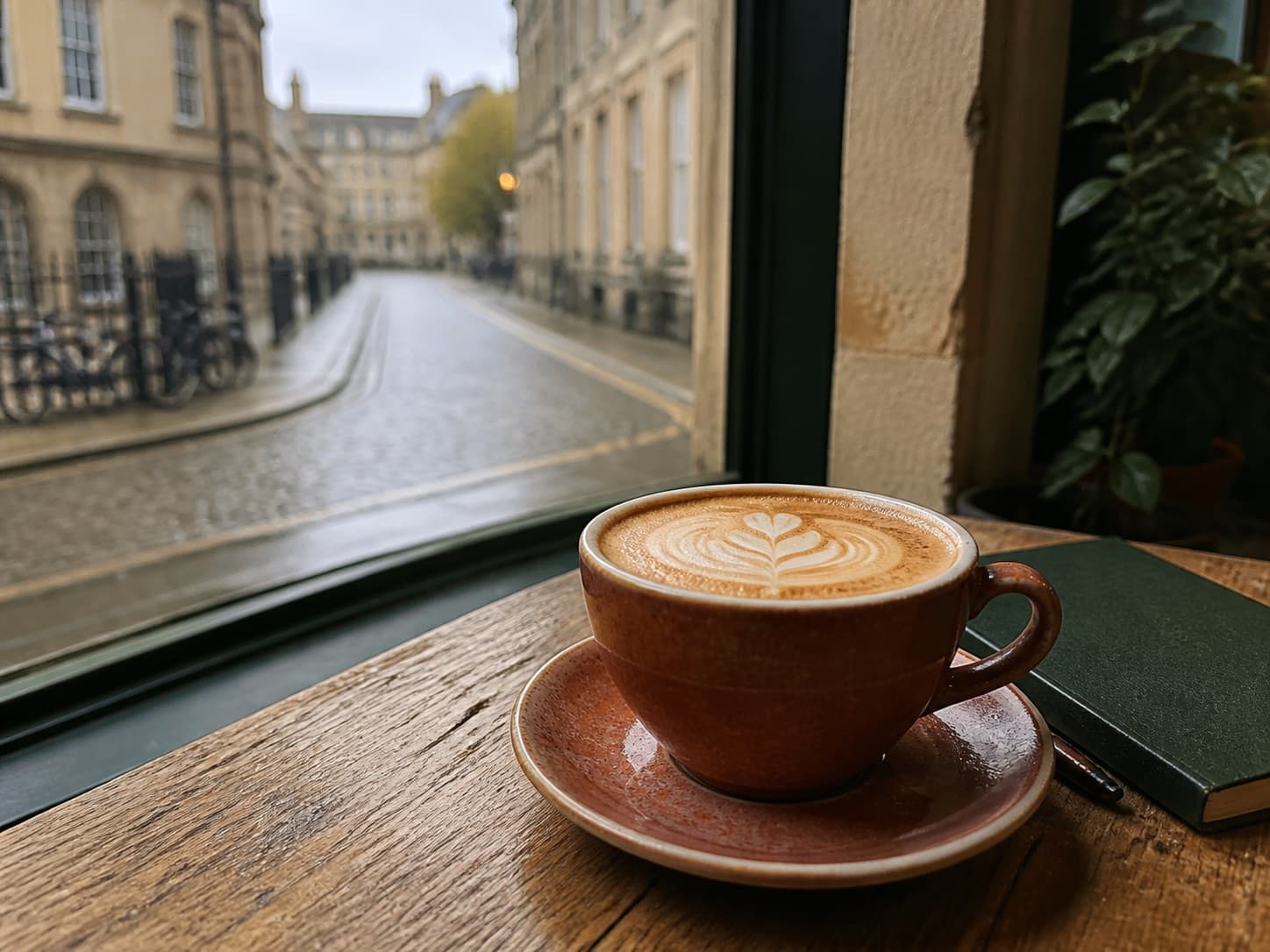 A flat white beside a rainy Oxford street