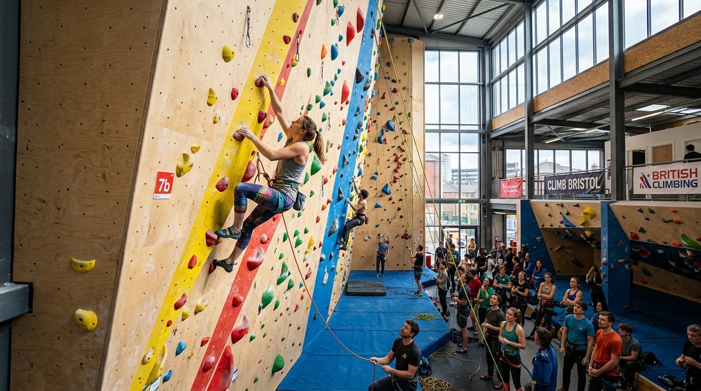 Climbers on a high indoor competition lead climbing wall and bouldering mats