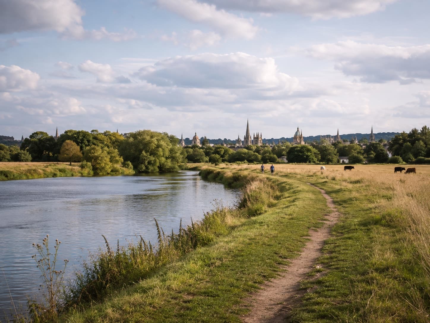 A riverside path across Port Meadow towards Oxford