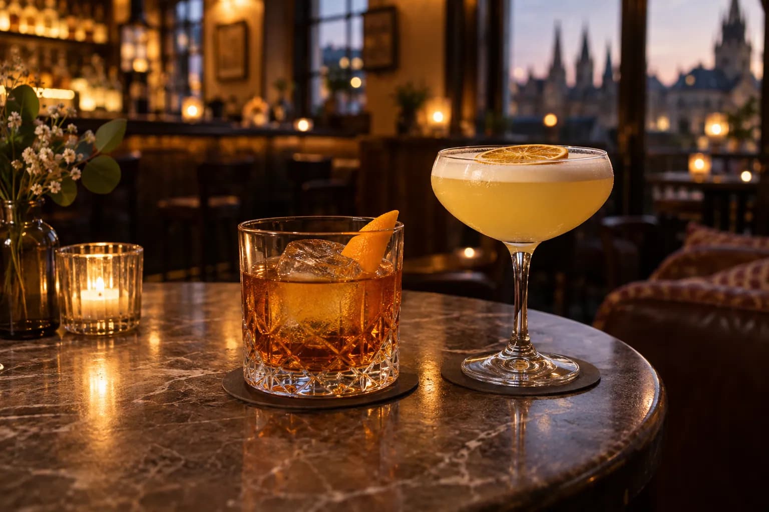 Two cocktails on a table in a warmly lit bar