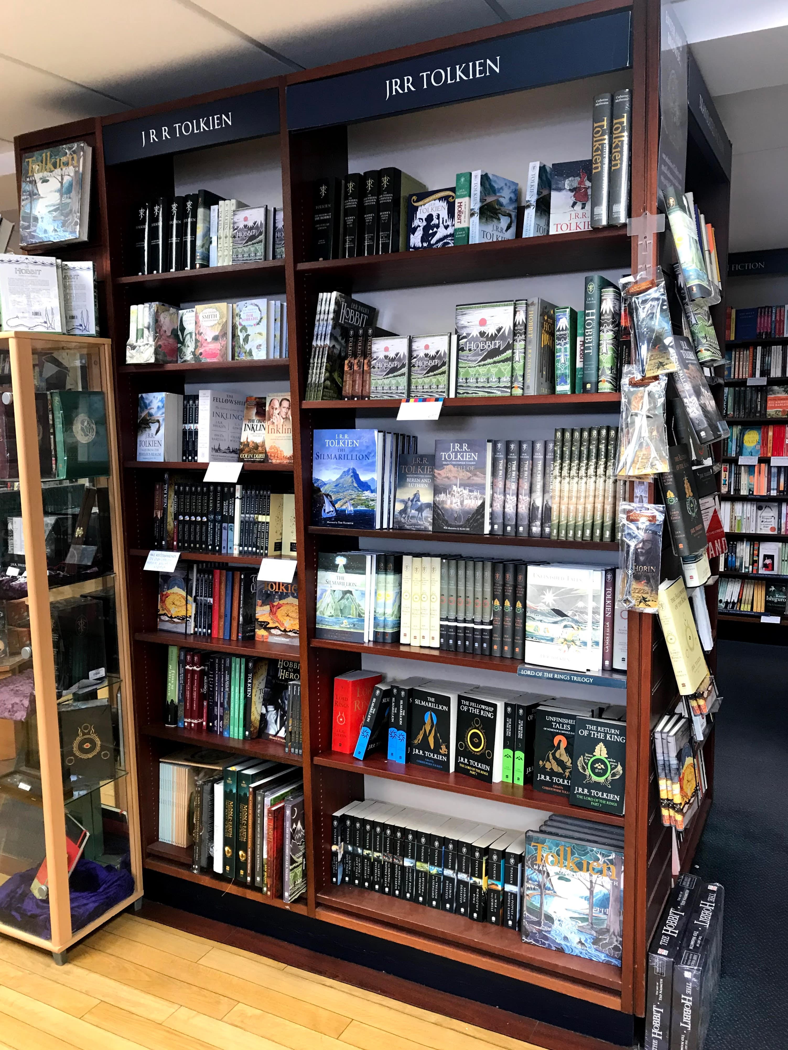 Tolkien books displayed on shelves inside Blackwell’s in Oxford
