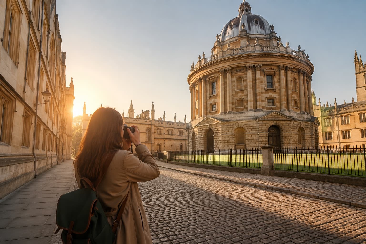 A visitor photographing the Radcliffe Camera in golden light