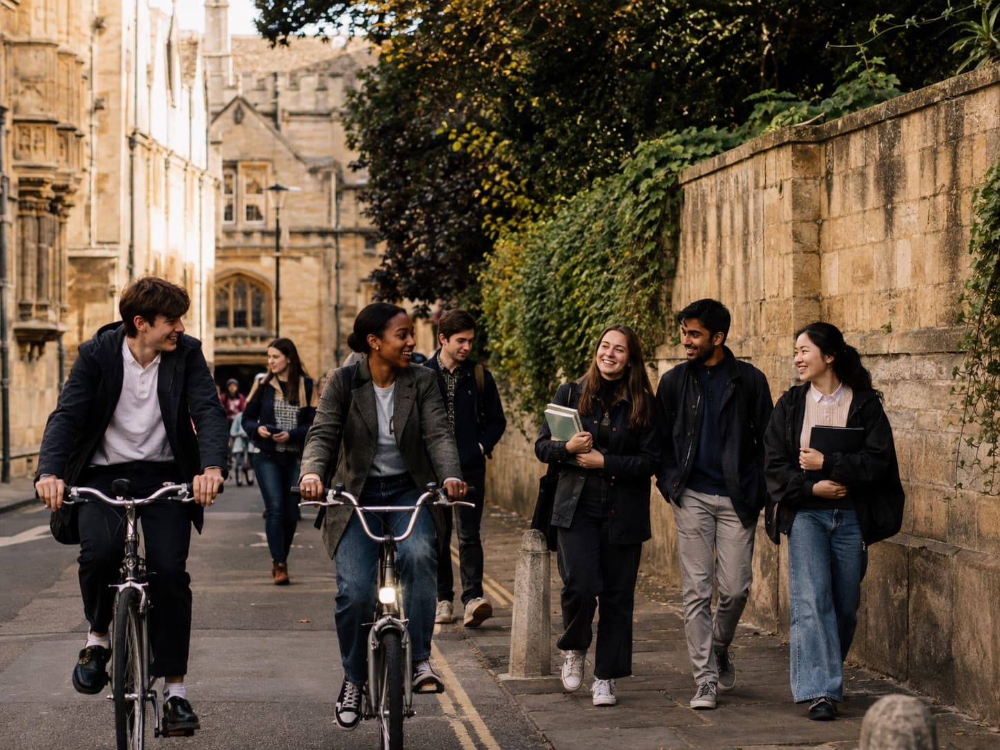 Students cycling and walking together on an Oxford street