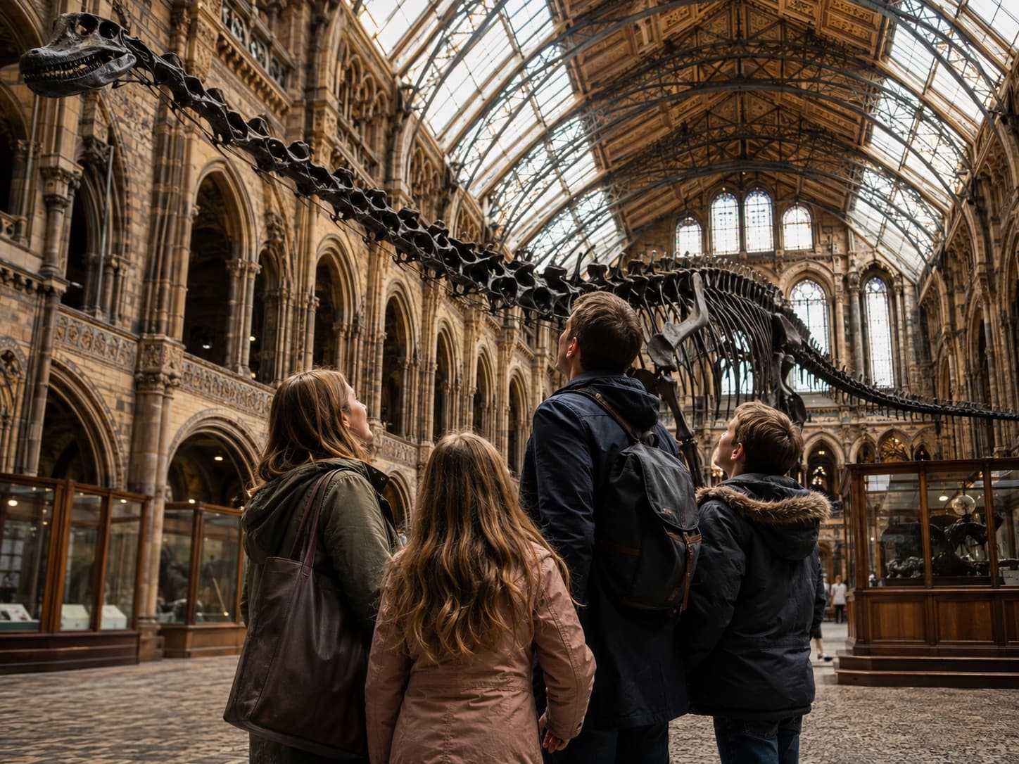 A family discovering a dinosaur display in Oxford’s Natural History Museum
