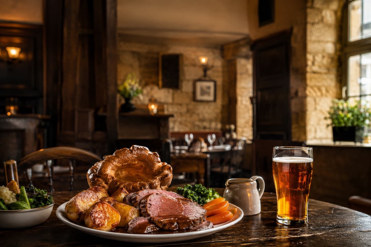 A traditional Sunday roast and pint in a warm Oxford pub